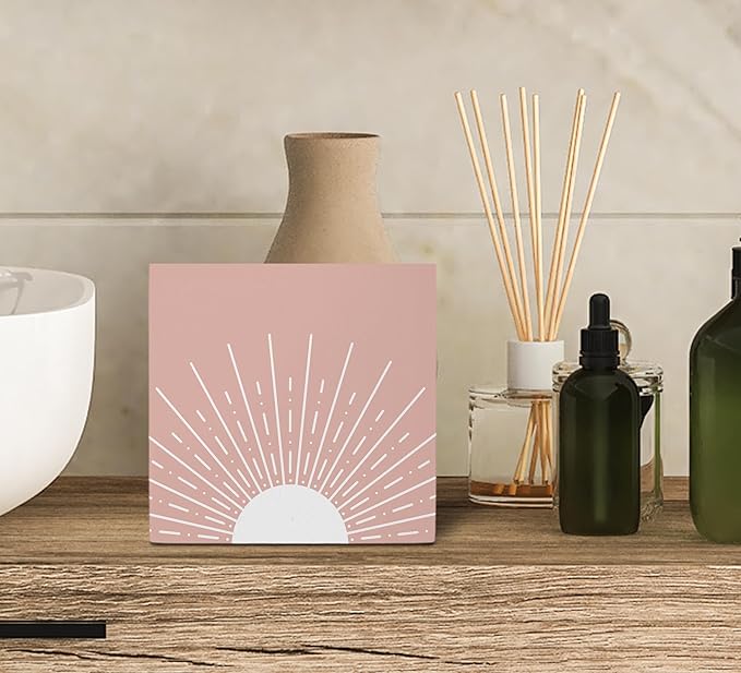 KU-DaYi Abstract Boho Sun Sunrise Sunshine Blush Pink Wood Box Sign Rustic Farmhouse Style Wood Block Plaque Decor for Bohemian Home Girls Room Wall Desk Shelf Decoration