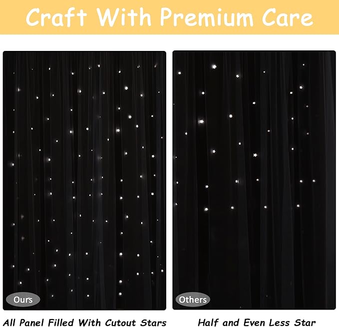 Kinryb Kids Blackout Curtains for Bedroom/Living Room/Classroom, Sheer Overlay 95 Inches 2 Panel Set, Double Layer Curtains with Star Cutout for Kids Room(W 52 x L 95 Inches,Yellow 2 Pcs)