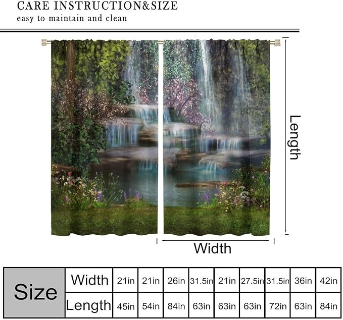 Natural Waterfall Blackout Window Curtains, Waterfalls Flowers Trees Landscape Window Drapes, for Living Room Bedroom 42" W X 54" L