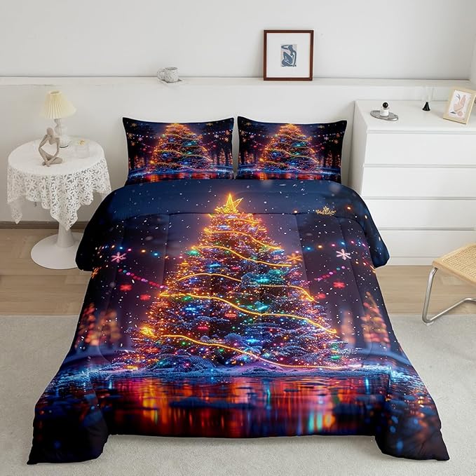 3D Christmas Tree Comforter Set King Size,Snowflake Glitter Polka Dot Duvet Insert for Kids Boys Girls Room Decor,Merry Christmas Bedding Set 3Pcs,Xmas Neon Style Fashion Quilt Set,2 Pillowcases