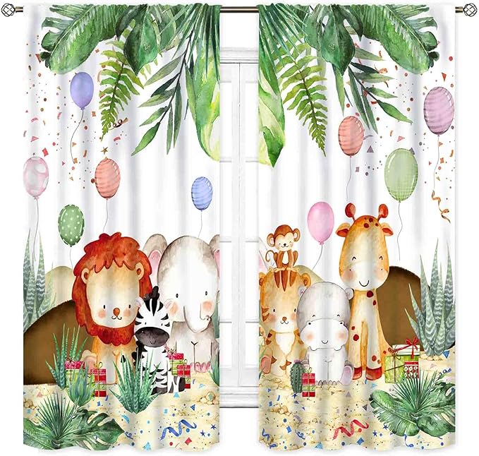 Jungle Safari Animals Curtains, Cartoon Animals Lion Giraffe Elephant Woodland Tropical Leaf Green Window Drapery for Kids Boys Girls Baby Living Room Bedroom Nursery 2 Panels, 84"x84" Inch