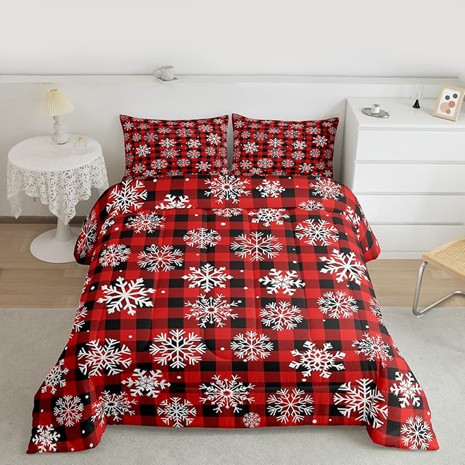 Feelyou Christmas Comforter Set Queen Size Red Black Plaid Bedding Set for Kids Boys Girls Winter Snow Duvet Quilt Snowflake Red Bedroom Decor Microfiber 3 Pcs with 2 Pillow Cases