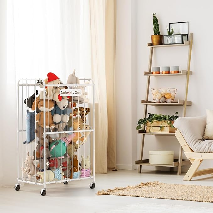 210L Stuffed Animal Storage Organizer Plush Toy Storage Organizer Stuffed Animal Holder, Kids Toy Bins with Wheels, Metal Frame and Elastic Cord Design, Suitable for Storage of Big Toys