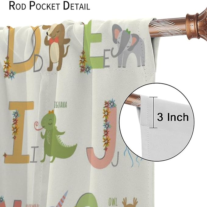 Kids Alphabet Curtains Funny Letter Education Cute Cartoon Animal Printed Curtain with Rod Pocket for Bedroom Living Room Home Decor Drapes Window Treatments 2 Panels Set 42" W X 45" L