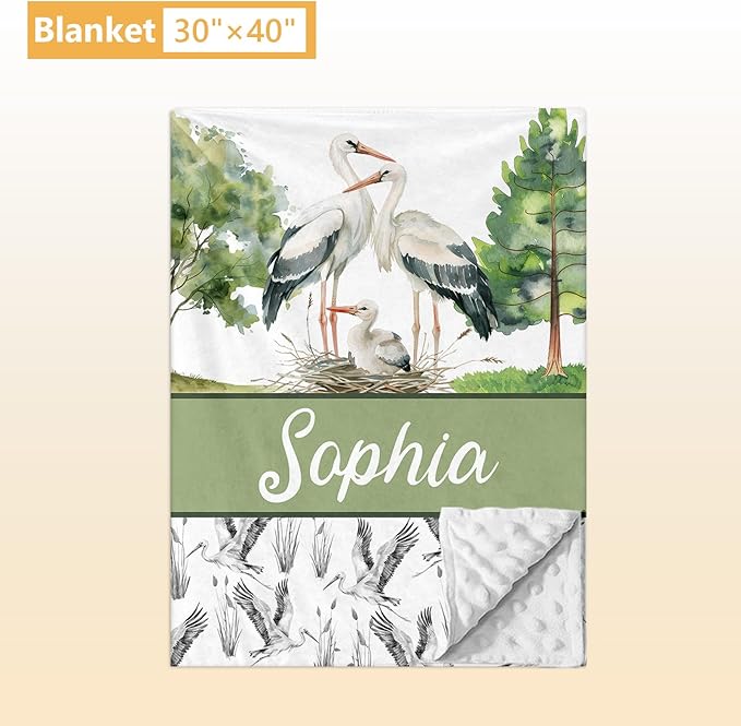 Custom Baby Crib Bedding Set, 5 Pcs Personalized Name Baby Crib Sets for Infant Toddler, Green Crane Nursery Bedding Set for Boy Girl, Double Layer Flannel Baby Bedding Sets Customized Gifts