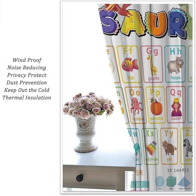 Funny Kids Alphabet Curtain, Cartoon Animal Alphabet Learning Dinosaur Boys Kids Students Baby Educational Colorful Blackout Window Treatments for Bedroom Living Room School 55" W X 63" L