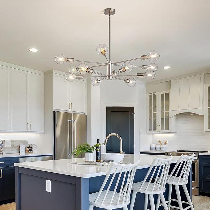 Modern Sputnik Chandeliers Light, 12 Lights Brushed Nickel Dining Room Chandelier Over Table, Height Adjustable Industrial Semi Flush Mount Mid Century Chandelier for Kitchen Island Living Room