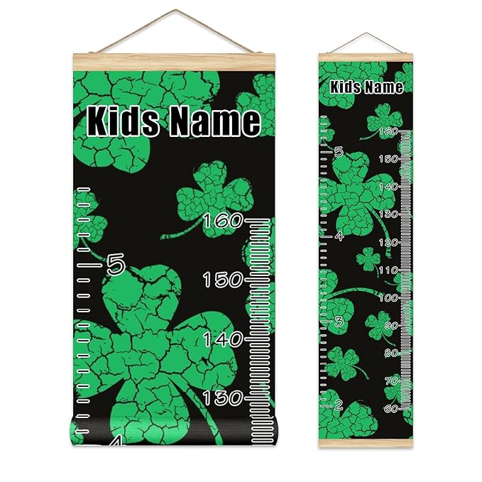 Personalized Kids Name Growth Chart Ruler for Wall Wood Frame Height Measure Chart 13.4x56 in Linen Hanging Height Growth Chart St Patrick Day and Clover Leaves Kids Room Decor