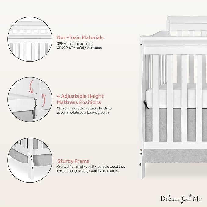 Dream On Me Brody 5-in-1 Convertible Full-Size Baby Crib & 3-Drawer Changer in White, Pinewood, GreenGuard Gold & JPMA, 1” Changer Pad, 3 Mattress Heights, Converts to Toddler & Full Size Bed