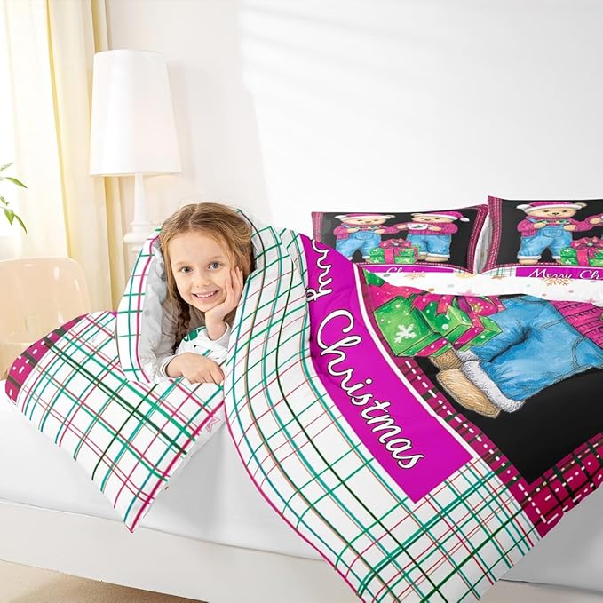 Feelyou Merry Christmas Kids Comforter Set Queen Size Cute Bear Bedding Set Duvet Quilt for Kids Boys Girls Bedroom Winter Decor Microfiber Ultra Soft Breathable