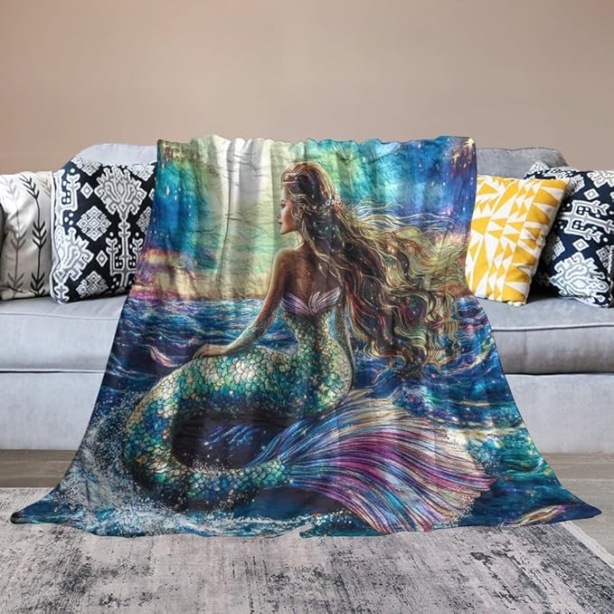 Mermaid Blanket Navy Mermaids Gifts for Girls Boys Woman Kids Ocean Mermaid Lover Coastal Throw Blankets Soft Blanket Warm Fleece Flannel Plush Blankets for Bed Sofa Couch 50"x60"