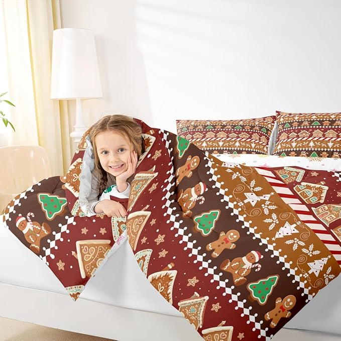 Feelyou Merry Christmas Comforter Set Queen Size Greenland Home Bedding Set for Kids Boys Girls Xmas Tree Duvet Quilt Striped Bedroom Decor Microfiber 3 Pcs with 2 Pillow Cases
