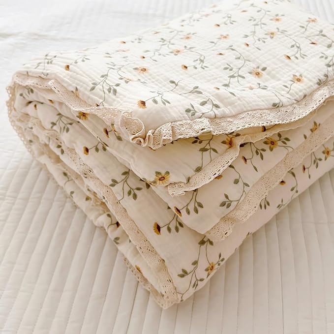 BuLuTu Cotton Muslin Toddler Comforter Shabby Chic Floral Design Twin Bed Blankets for Children Soft Lightweight Girls Boys Quilted Blanket, Wildflower Pattern, 60"x78"