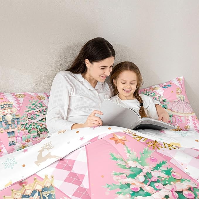 jejeloiu Christmas Nutcracker Comforter Set Toddler Size Gingerbread Man Bedding Set for Kids Boys Girls Xmas Tree Duvet Quilt Pink Bedroom Decor