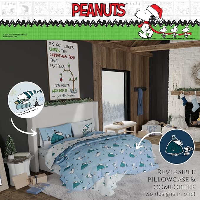 Collectibles Peanuts Snoopy Puffer Holiday & Christmas Bedding Super Soft Comforter and Sheet Set with Sham, 7 Piece King Size (Officially Licensed Product) by Franco