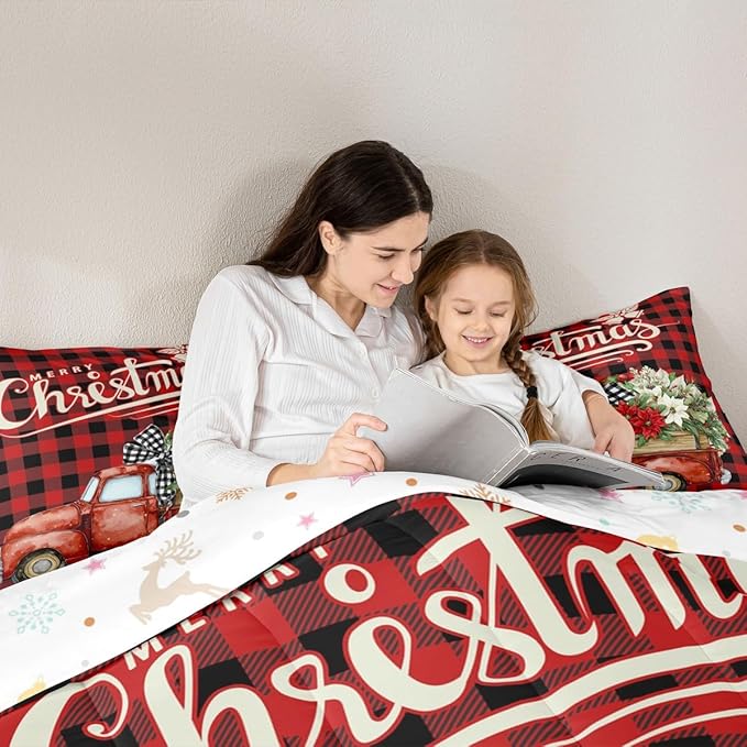 Kids Christmas Truck Comforter Set Twin Size,Floral Leaves Romantic Bedding,Girls Boys Adults Bedroom/Xmas Cabin Decor,Geometric Plaid Retro Down Comforter,Rustic Farm Duvet Insert,1 Pillowcase