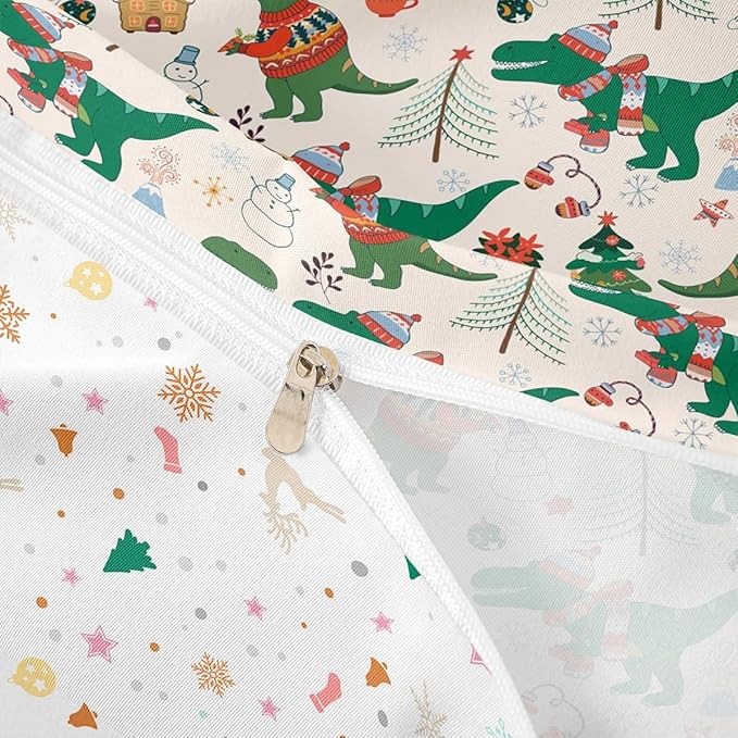 Christmas Bedding Set for Kids Boys Girls Cartoon Dinosaur Christmas Tree Comforter Cover Set Snowman New Year Duvet Cover Bedroom Decor Xmas Theme Bedspread Cover King Size Bedding Collection 3Pcs