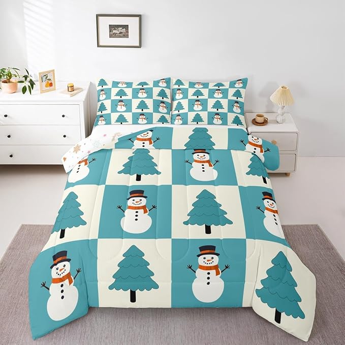 Feelyou Merry Christmas Comforter Set All Season Snowman Bedding Set with 1 Pillow Cases Xmas Tree Microfiber Kids Toddler Bedclothes Bedroom Decor Duvet Quilt Breathable Soft Lightweight