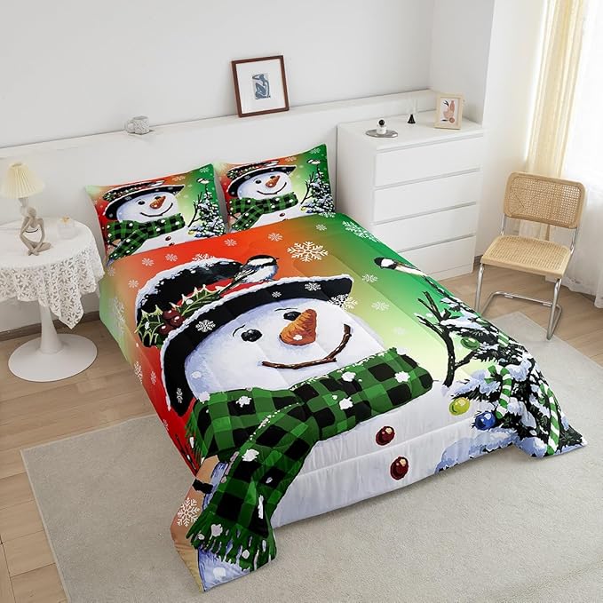 Feelyou Kids Christmas Theme Decorations Bedding Set Xmas Snowman Comforter Set for Boys Girls Snowflake Kawaii Cute Comforter Orange Red Green Quilt Set Bedroom Collection King Size