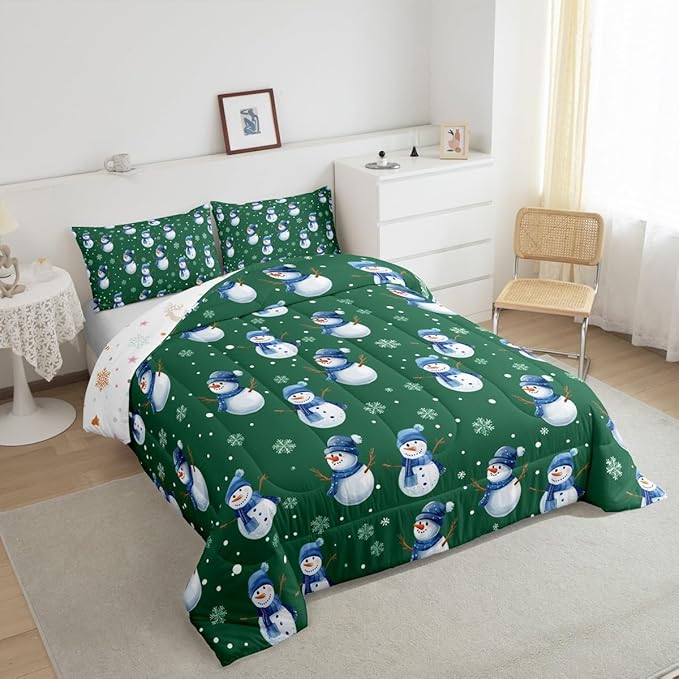 jejeloiu Kids Cute Winter Snowman Comforter Set Toddler Green Christmas Theme Bedding Set for Boys Girls Teens Xmas Snowflake Happy New Year Duvet Quilt Room Decor