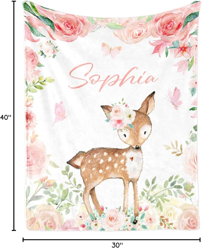 Personalized Deer Baby Blanket for Girl, Custom Name Blanket for Newborn Girl, Soft Flannel Toddler Blanket Customized Gift for Birthday Christmas Baby Shower 30" X 40"