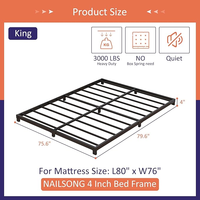 4 Inch Bed Frame King Size Low Profile, King Bed Frame No Box Spring Needed, Heavy Duty Metal, Easy Assembly, Black