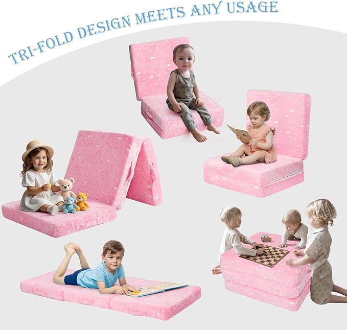 MeMoreCool Glow Pink Unicorn Foldable Floor Mattress for Kids, Trifold Nap Mat for Toddlers, Portable Daycare Sleeping Futon or Floor Bed, 57x22 Inch