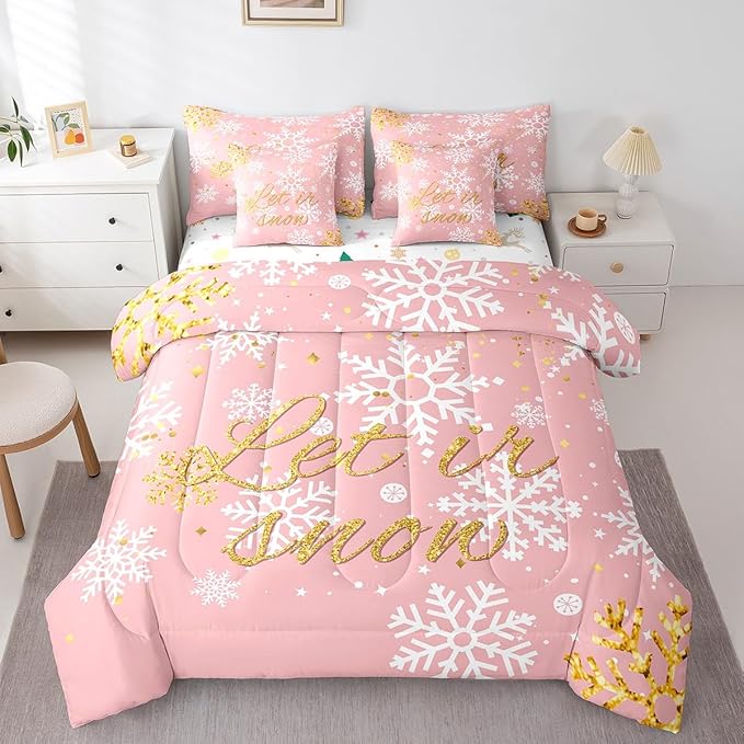 Feelyou Christmas Bed Set Snowflakes Bed in a Bag for Kids Girls Boys Pink Bedding Set King Size Glitter Star Comforter Set with Sheets Lightweight Room Decor