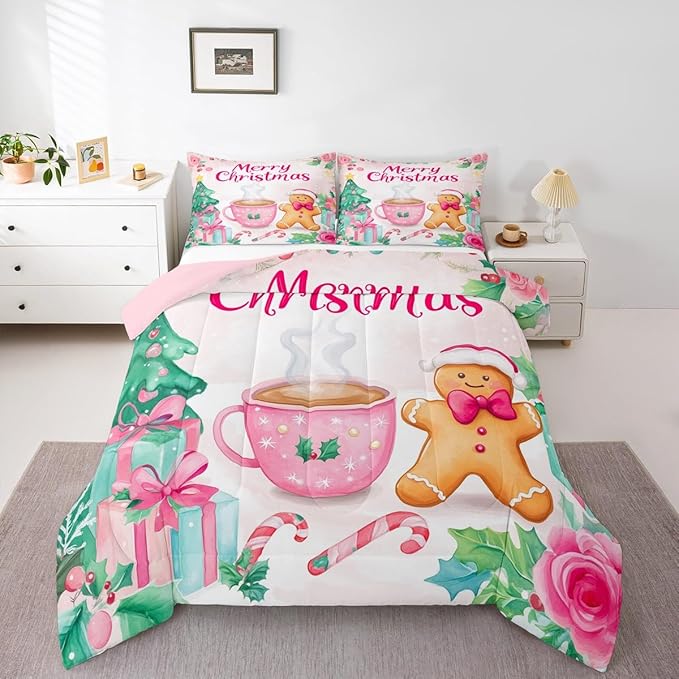 Feelyou Merry Christmas Bedding Set Soft for Boys Girls, Christmas Decor Comforter Set King Size Gingerbread Man Duvet Quilt Microfiber Xmas Bedroom Decor 3 Pcs with 2 Pillow Cases