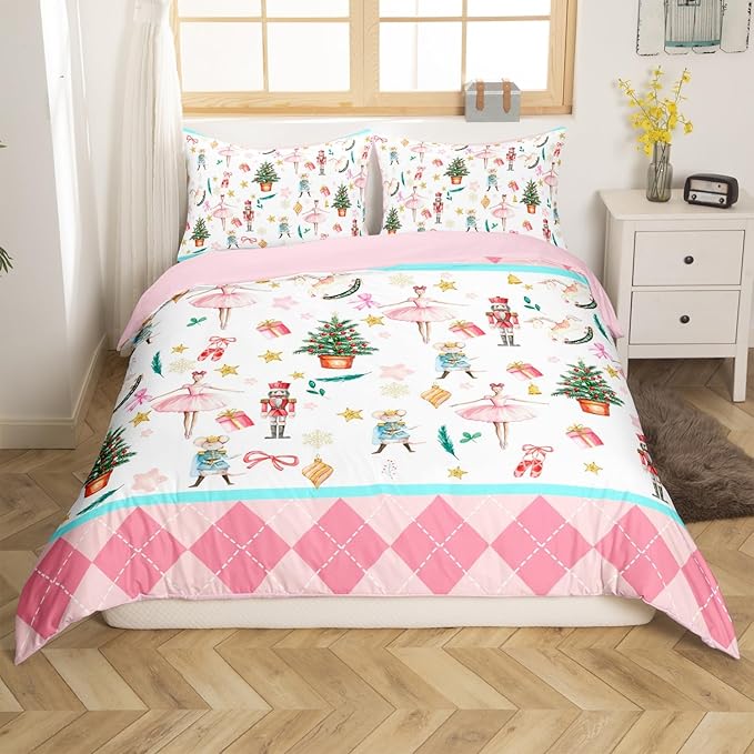 Feelyou Nutcracker Christmas Pink Comforter Cover Queen Size Xmas Royal Guarder Ballet Princess Duvet Cover New Year Pink Buffalo Plaid Bedding Set Gifts for Kids Boys Girls 2 Pillow Cases