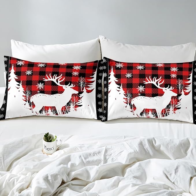 Manfei Christmas Duvet Cover Set Queen Size, Xmas Deer Tree Snowflake Print Bedding Set 3pcs for Kids Boys Girls Bedroom Decor, Black Red Plaid Print Comforter Cover with 2 Pillowcases,No Comforter