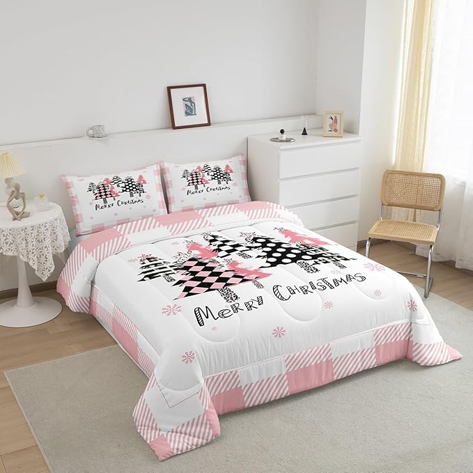 Manfei Merry Christmas Comforter Set King Size, Pink Plaid Xmas Trees Bedding Set 3pcs, New Year Cartoon Down Comforter for All Season, Kids Girls Santa Claus Bedroom Decor, 2 Pillowcases, No Sheets