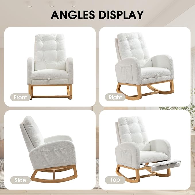 NIOIIKIT Nursery Rocking Chair, Linen Upholstered Glider Chair with Footrest, Tufted Rocker Recliner with Side Pocket, Comfy Recliner Glider, Accent Chair for Living Room (White Polar Fleece)
