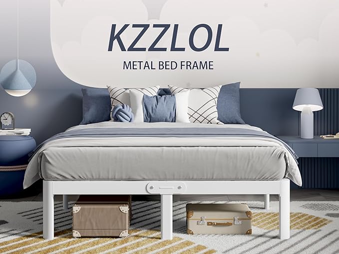 White Full Size Bed Frame 12 Inch, Metal Full Bed Frame No Box Spring Needed, Heavy Duty Steel Support 3500 LBS, DIY Headboard, Noiseless, Round Corner Legs, Storage Space, Easy Assembly