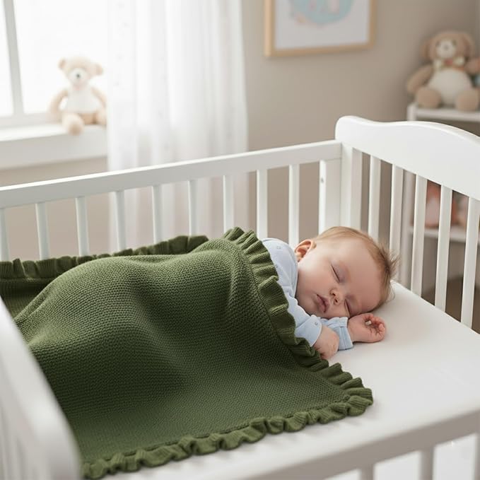 Cotton Baby Blanket with Ruffle Edge Soft Breathable Newborn Blanket for Boys & Girls, Lightweight Knit Throw for Crib, Stroller & Nursery Multiple Colors Available Green 30x30