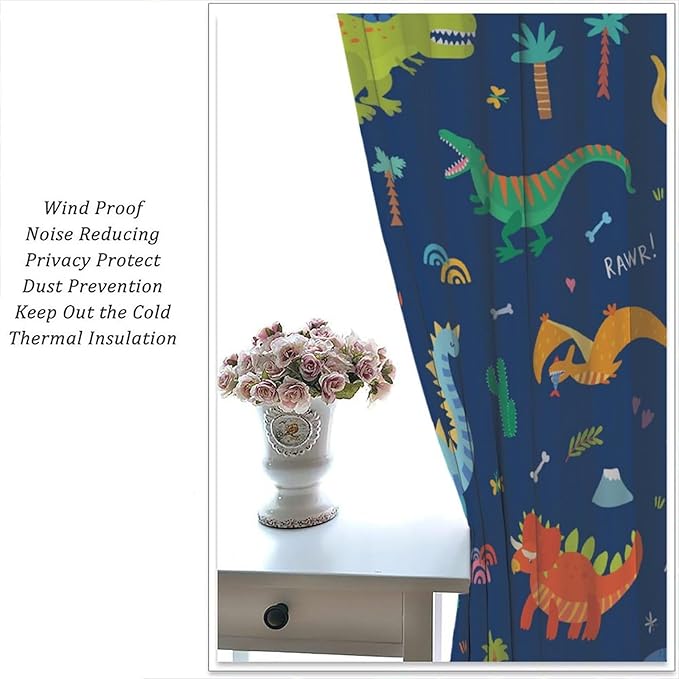 Funny Dinosaur Blackout Curtains Colorful Cartoon Animals Dino Tropical Plant Art Print for Kids Boys Bedroom Living Room Rod Pocket Decoration Window Drapes 2 Panels W27.5xL63in