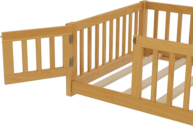 Bellemave Twin Size Floor Bed with Rails for Kids, Girls, Boys, Pine,Plywood Floor Bed with slats and Door, Natural
