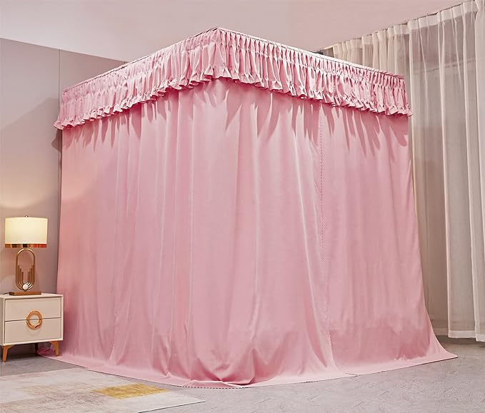 VETHIN Elastic Roof Style Four Corner Post Princess Bed Canopy Curtains Cozy Breathable Tent Canopy Mosquito Net for Girls & Adults Bedroom Decoration (Pink, 59-64" W*82" L*82"*H/(Queen))