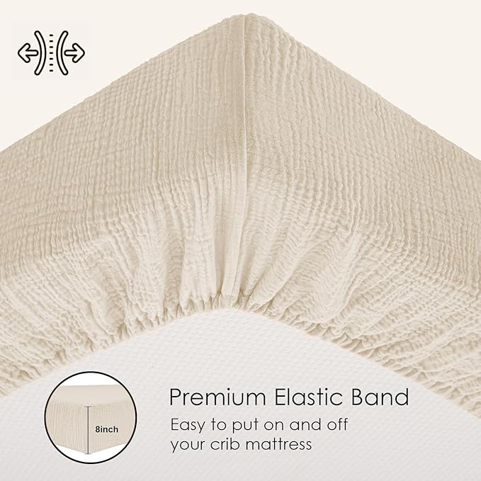 Organic Crib Sheets Large Size 52x28x9 Inches 2 Pack Beige Muslin Sheets, Gentle Baby Crib Bedding, Stretchy Fit for Rectangular & Oval Crib Mattress, No Shrink After Wash