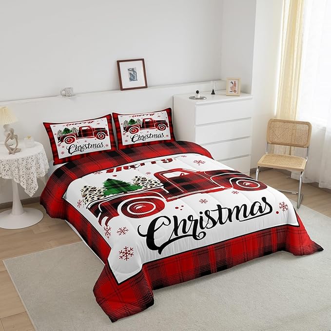 Manfei Xmas Truck Comforter Set Full Size, Christmas Tree Snowflake Print Bedding Set 3pcs for Kids Boys Girls Bedroom Decor, New Year Theme Red Plaid Print Quilt Set with 2 Pillowcases