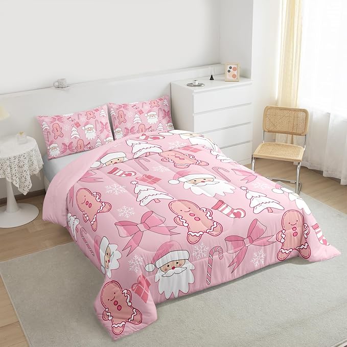 Feelyou Pink Christmas Bedding Set Soft for Boys Girls, Santa Claus Comforter Set Toddler Size Gingerbread Man Duvet Quilt Microfiber Bow Candy Cane Bedroom Decor 2 Pcs with 1 Pillow Cases
