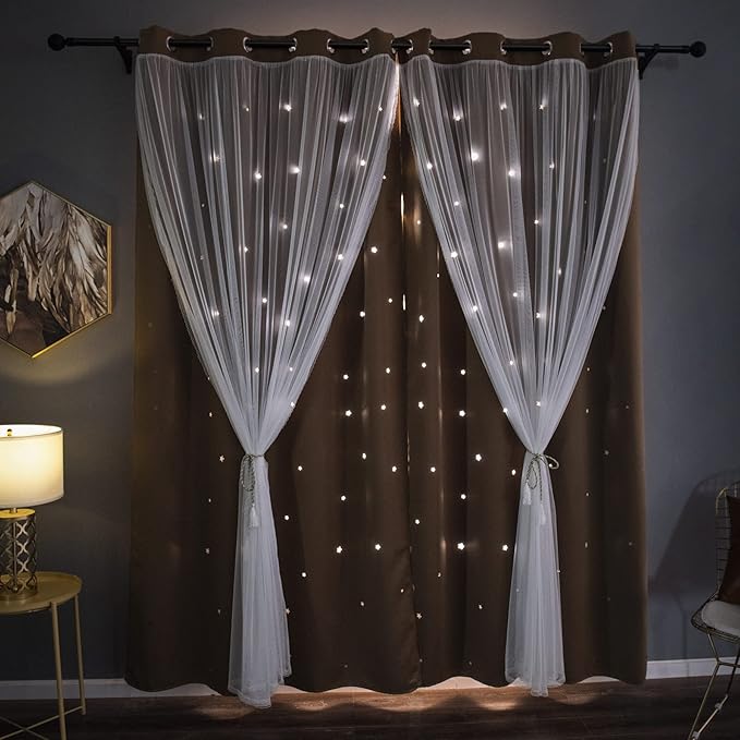 Kinryb Star Cutout Blackout Curtains Double Layer Curtains with Durable Sheer Curtains for Bedroom Thermal Insulated Window Treatment Set with 2 Free Tiebacks (52W x 63L 2 Panels Coffe)