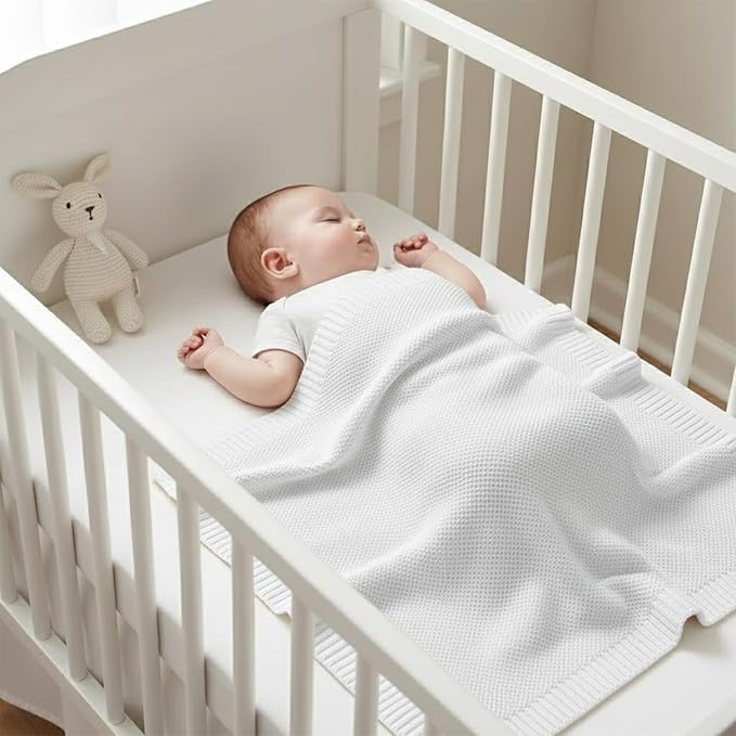 Baby Knit Blanket Soft Cotton Lightweight Newborn Blanket for Crib Stroller Toddler Nursery Shower Gift Cozy Breathable Travel Swaddle Wrap White 30 x 40 Inches