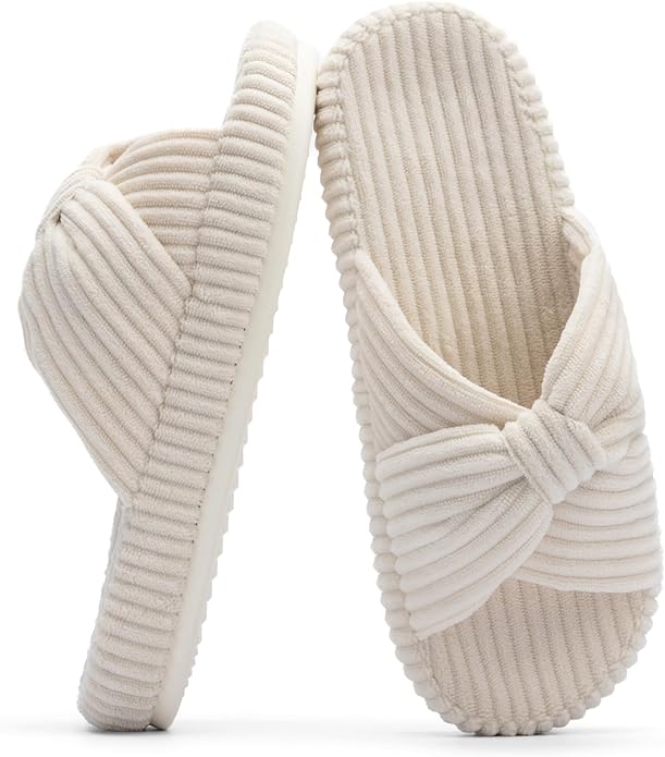 Chantomoo Slippers for Women Memory Foam House Bedroom Corduroy Bow Crossbands Slipper Shoes Comfy Trendy Gift Slippers