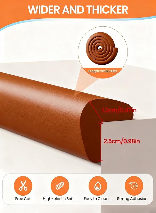 Baby Proof Edge Corner Protector, 6.56FT 0.47''Th L-Shape Furniture Corner & Edge Safety Bumpers with 6 Corners, Pre-Taped, Soft NBR Rubber Foam Desk Edge Cushion Wall Corner Protector（Coffee）