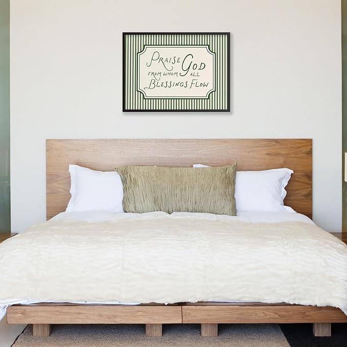 Christian Bible Verse Scripture Poster Praise God From Whom All Blessings Flow Wall Art 16x24 inch Black Framed Green Striped Religious Canvas Prints for Church Home Prayer Room Wall Decor