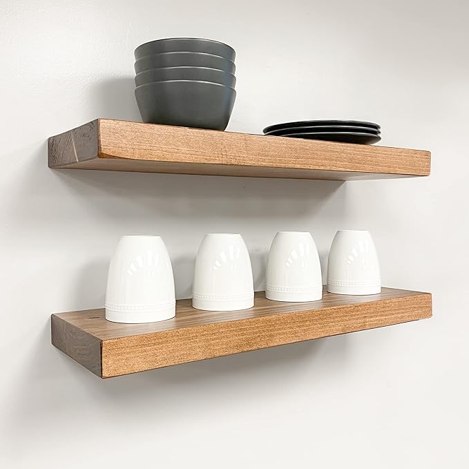 URBANDI, Rustic Floating Shelves, Set of 2, Hidden Bracket, Solid Wood, Heavy Duty, Wall Mounted Shelves, (Brown, 48Wx6D)