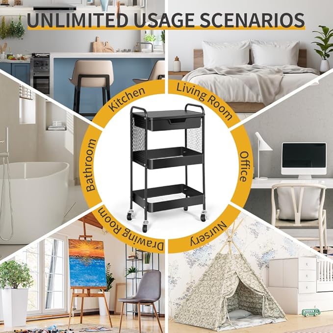 3-Tier Rolling Cart with Drawer, Metal Utility Storage Cart Organizer with Lockable Wheels&Hanging Cups&Hooks, Mobile Storage Craft Carts Trolley with Mesh Shelves for Kitchen, Office-Black
