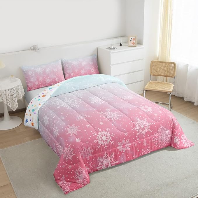 Feelyou Christmas Comforter Set Queen Size Winter Snowflake Bedding Set for Kids Boys Girls Blue Pink Gradient Duvet Quilt Bedroom Decor Microfiber 3 Pcs with 2 Pillow Cases