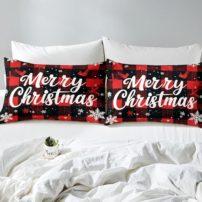Red Black Plaid Duvet Cover Set Full Size Merry Christmas Bedding Set 3pcs for Kids Boys Teens Western New Year Theme Comforter Cover White Snowflake Print Quilt Cover with 2 Pillowcases,No Comforter